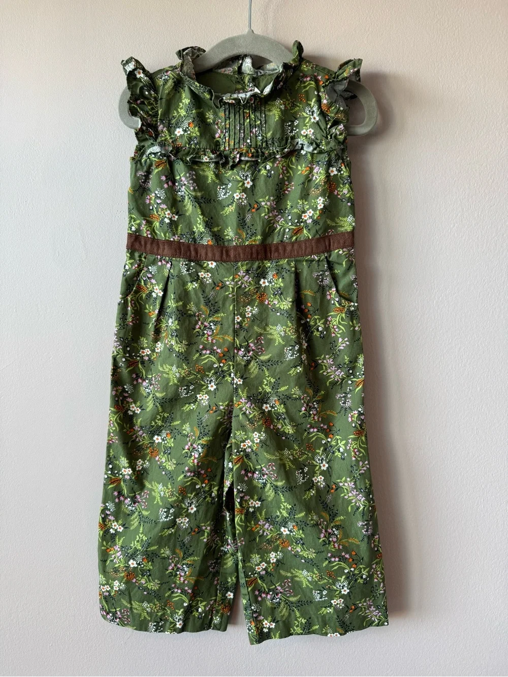Janie and Jack Girl’s Green Floral Ruffle Sleeve Wide Leg Romper Jumpsuit 2T